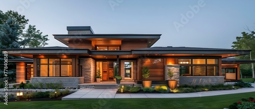 Modern Prairie-Style Home in Twilight Harmony. Concept Modern Architecture, Prairie Home Design, Twilight Photography, Harmony in Decor