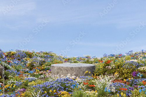 Abstact 3d render spring scene and Natural background, Stone podium on the colorful flowers and grass field, backdrop blue sky and cloud for product display, advertising, mockup or etc