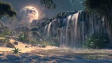 .Desert Oasis with Virtual Waterfalls. - A serene oasis in the desert featuring light-made waterfalls and seamless digital projections of lush landscapes.