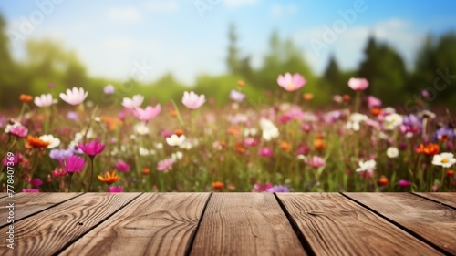 Wooden table in flower field