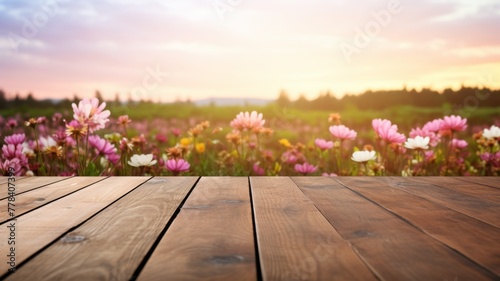 Wooden table in flower field