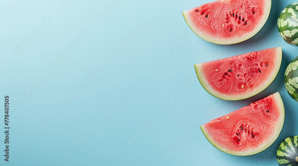 Summer Watermelon Slice on Blue Background with Copy Space - Fresh and Vibrant Fruit for Healthy Snacking | Ripe Red and Green Melon Closeup Photography Summer Watermelon Slice on Blue Background with Copy Space - Fresh and Vibrant Fruit for Healthy Snacking | Ripe Red and Green Melon Closeup Photography