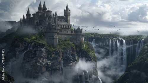 An enchanted castle perched atop a rugged cliff, surrounded by swirling mists and thundering waterfalls,  © sania