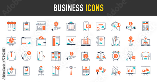 Business icon set. Such as finance, money, bank, contact, report, graph, briefcase, growth, idea, portfolio, deal, coin, statistics, agreement, payment, worldwide, mail, meeting vector icons.