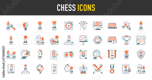 Chess icon set. Such as queen, strategy, checkmate, board, clock, player, king, rock, pawn, castling, clipboard, gift, knight, schedule, shield, tournament, tutorials, award, flag vector icons.