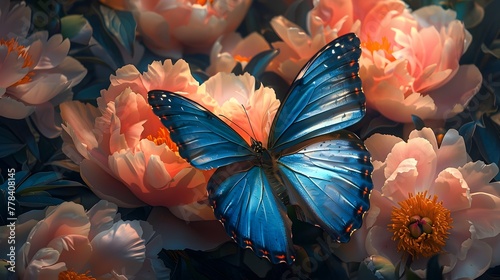 Blue Butterflys Vibrant Dance Around Lush Peony Blossoms in a Garden Oasis photo