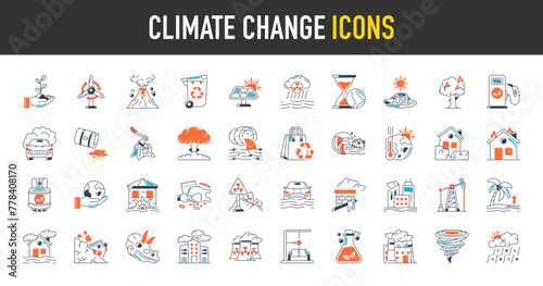 Climate change icon set. Such as global warming, greenhouse, melting ice, oil, explosion, tsunami, fuels, world, recycle, bag, planting, flood, pollution, water pollution, disaster vector icons. photo