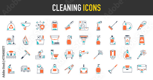 Cleaning icon set. Such as laundry, washing machine, vacuum, cleaner, iron, stain, kitchen, sprayer, air, razor, dryer, sofa, soap, broom, brush, feather, duster, steam, vector icons illustration.
