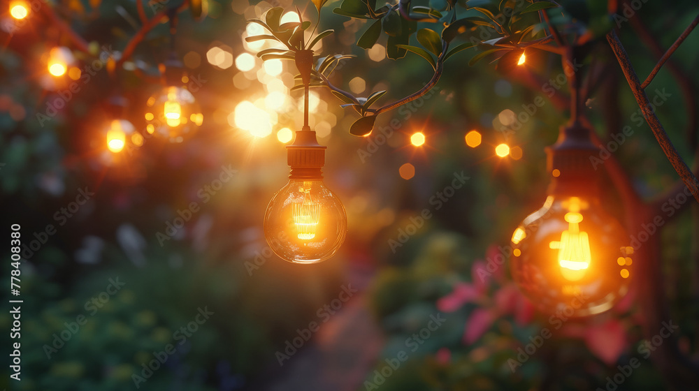 Outdoor orange garden lamps, evening or night time, lovely summer decorations with warm lights. Outdoor orange garden lamps, evening or night time, lovely summer decorations with warm lights.