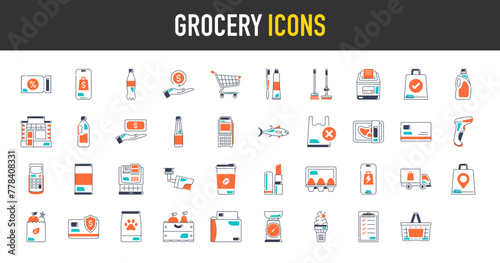 Grocery icon set. Such as store, online sales, delivery, consumer, basket, dairy, meat, bread, vegetables, fruits, paper bag, refund, trolley, coupons, payment, food, wishlist, softdrink vector icons.