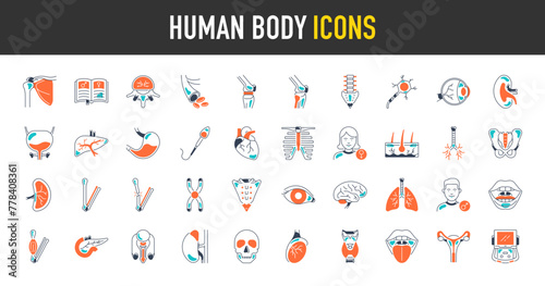 Human body icon set. Such as shoulder, liver, heart, x ray, sperm cell, parts, eye, organs, testicle, spinal cord, lungs, broken bone, pelvis, blood, neuron, bladder, kidney vector icons illustration	