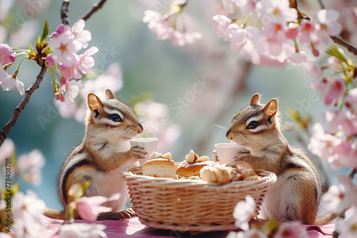 Two chipmunks enjoy cup of tea and basket of pastries and nuts under the blooming cherry tree.