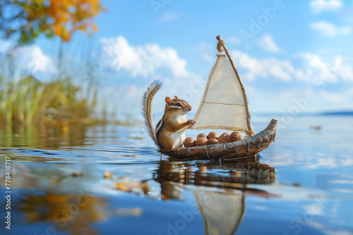 Chipmunk on the lake shore is sailing off in homemade boat from bark and leaf  as a sail, full of nuts.