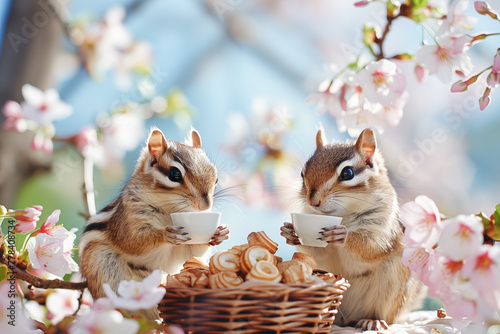 TTwo chipmunks enjoy cup of tea and basket of pastries and nuts under the blooming cherry tree.