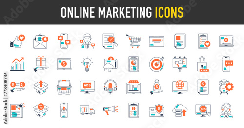 Online marketing icon set. Such as web development, optimization, target audience, email, invoice, free delivery, product, gift, advertising, article, like, social media vector icons illustration.