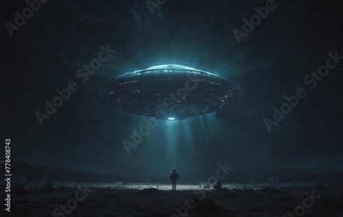 a man is standing in front of an ufo in the dark