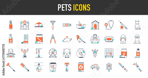 Pet, vet, pet shop icon set. Such as litter box, veterinary, cat, fish, bowl, vaccine, carrier, anti bug, collar, shampoo, bed, grooming rake, lice, dog food vector icons illustration.