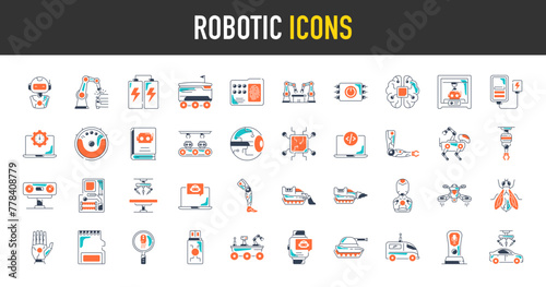 Robotic icon set. Such as machine, delivery, bot, battery,  learning, brain, ai, head, technology, welder, surgery robot, chatbot, drone, 3d printer, driller, leg, memory vector icons illustration.