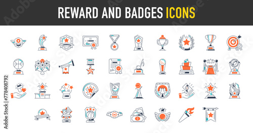 Reward and badge icon set. Such as award, number 1, one, trophy cup, winner, medal, coupon, gift, archery, music, champion belt, bowling, ribbon, diploma, sport, badminton, star vector icons