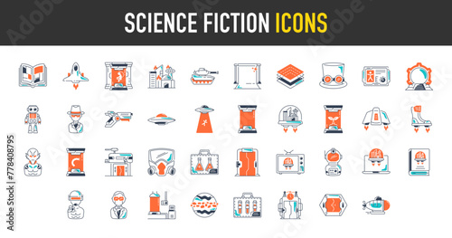 Science fiction icon set. Such as comic, spaceship, dimensions, tank, samples, blog, green screen, teleportation, movie, healing, ufo, spy, blaster, alien, android vector icon illustration.