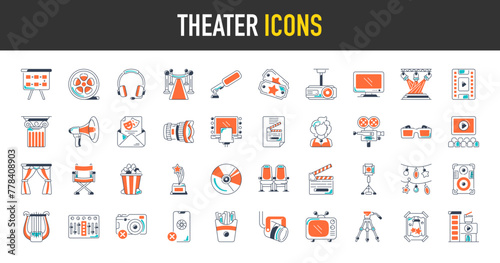 Theater icons set. Such as cinema, film, movie, tv, video, camera, cd, music player, tickets, television, 3d goggles, headphone, projector, megaphone, view, french fries, popcorn vector icon. 