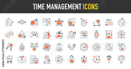 Time management icon set. Such as calendar, watch, overtime, planning, deadline, stopwatch, business, hourglass, metronome, delay, game, delivery, clock, punctuality vector icons illustration.
