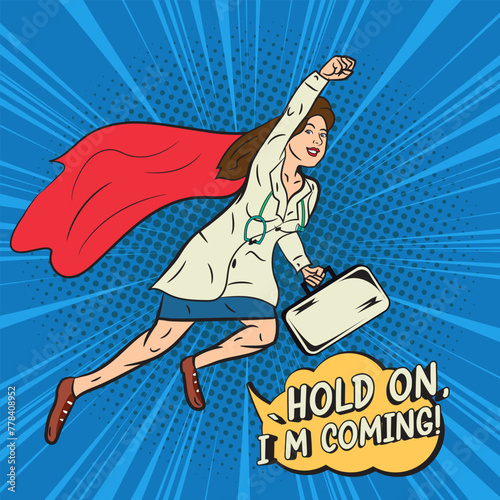 Women Doctor super hero Pop Art Comic Stock vector Illustration