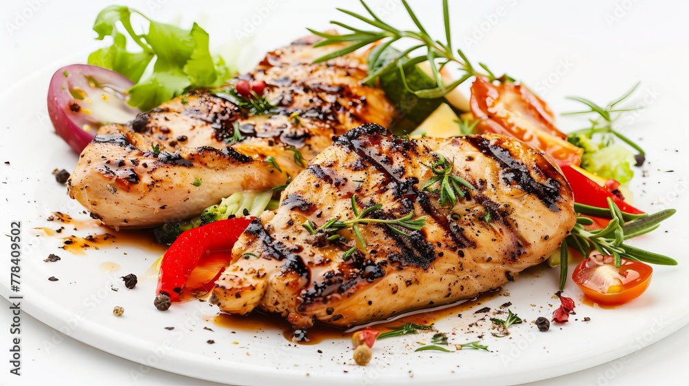 Grilled chicken with vegetables on a white background. Grilled chicken with vegetables on a white background.