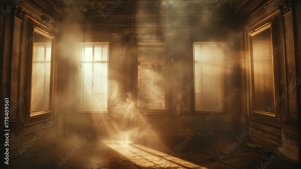 Mysterious Abandoned Room with Sunlit Mirrors