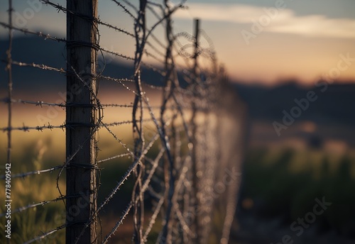 State border with high razor barbed wire fencing on sunset photo