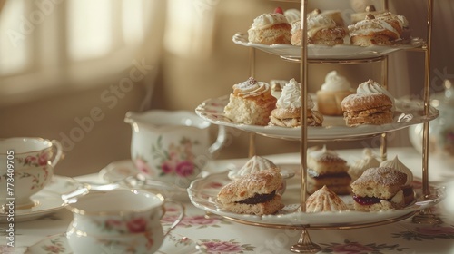 An elegant afternoon tea spread, featuring delicate finger sandwiches, flaky scones with clotted cream and jam, and an assortment of petit fours and pastries