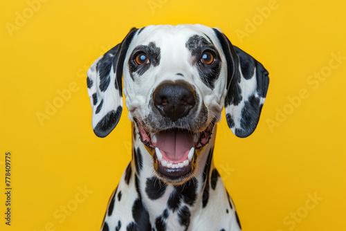 Joyful Dalmatian dog with wide grin and sparkling eyes on yellow background