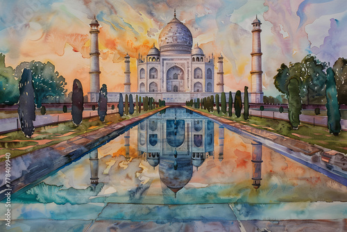 A painting of the Taj Mahal with a watercolor background