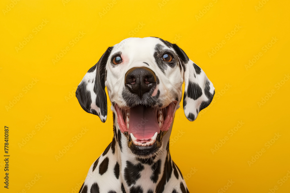 Joyful Dalmatian dog with wide grin and sparkling eyes on yellow background
