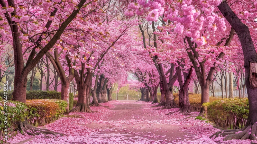 A road of trees painted in pink, lined with flowers A birdhouse in the center A road of trees painted in pink, lined with flowers A birdhouse in the center