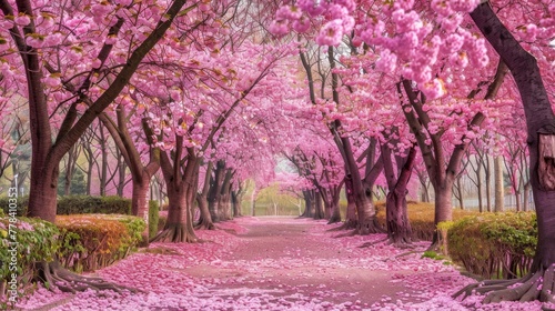  A road of trees painted in pink, lined with flowers A birdhouse in the center