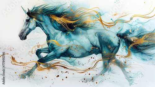 Serene Horse in Tranquil Teal, Alcohol Ink Artistry with Glimmering Golden Details
