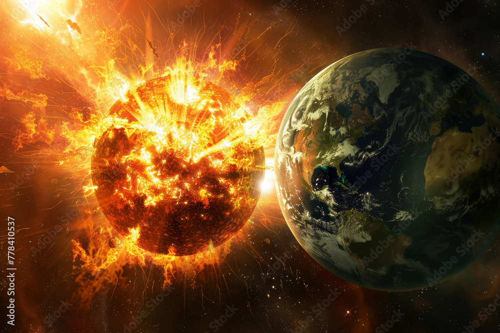 A fiery explosion of a star is shown in the foreground A fiery explosion of a star is shown in the foreground