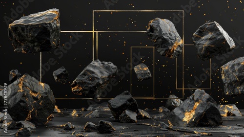 3D render with abstract black background and levitating rocks with gold veins