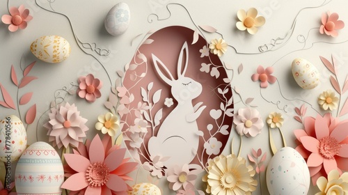 A bunny figurine made of porcelain inside an eggshaped dishware, surrounded by easter eggs and natural material flowers. Creative arts meets serveware in a festive event setting AIG42E