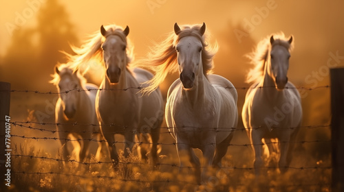 horse in the field, Beyond the fence, wild manes catch the sunlight. Freedom dances in their eyes--a field of untamed spirits