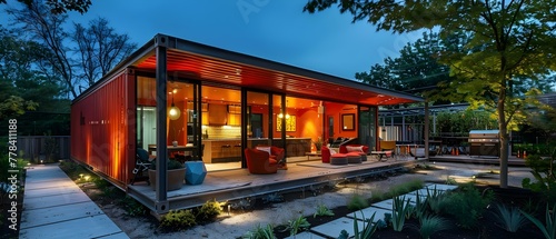 Eco-Friendly Container Home at Twilight. Concept Container Home, Eco-Friendly, Sustainability, Twilight, Outdoor Design