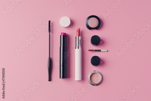 A chic display of 5 essential makeup items on a pink background from lipstick to mascara, embodying beauty and elegance