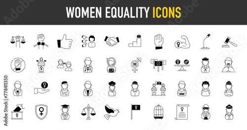 Women equality vector icons. Such as female sign, law, justice, power, peace, profession, freedom, happy women day, deal, leader, build, discrimination, violence, gender, megaphone icon illustration