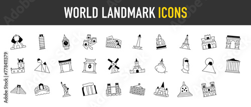 World landmark icon set. Such as sphinx, tower, wall, giza, gate, pagoda, mount, pyramid, bridge, liberty, statue, buddha, white house vector icons illustration	
