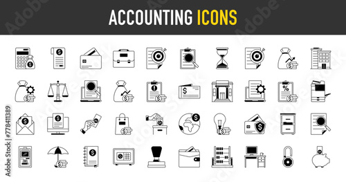 Accounting icon set. Such as income, salary, money, bank, brief case, stamp, target, portfolio, profit, budget, cheque, audit, calculator, bill, bank, insurance, business icons vector illustration
