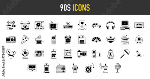 Retro 90s icons set. Such as pizza, television, cellphone, headphone, alarm, radio, microphone, camera vector icon illustration.