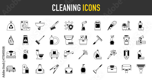Cleaning icons set. Such as laundry, washing machine, vacuum, cleaner, iron, stain, kitchen, sprayer, air, razor, dryer, sofa, soap, broom, brush, feather, duster, steam, vector icon.