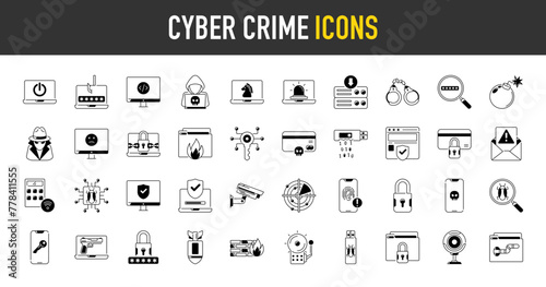 Cyber crime icon set. Such as data protection, secured network, technology, burn, security, password, hacker, credit card, scanning, firewall, payment, surveillance camera vector icons illustration.
