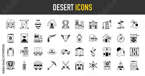 Desert icon set. Such as tunnel, pickup, treasure chest, oil barrel, jeep, pyramid, water well, hotel, mine, cart, palace, sign, directional, bank, tent, palm, ruins, sheriff vector icon.